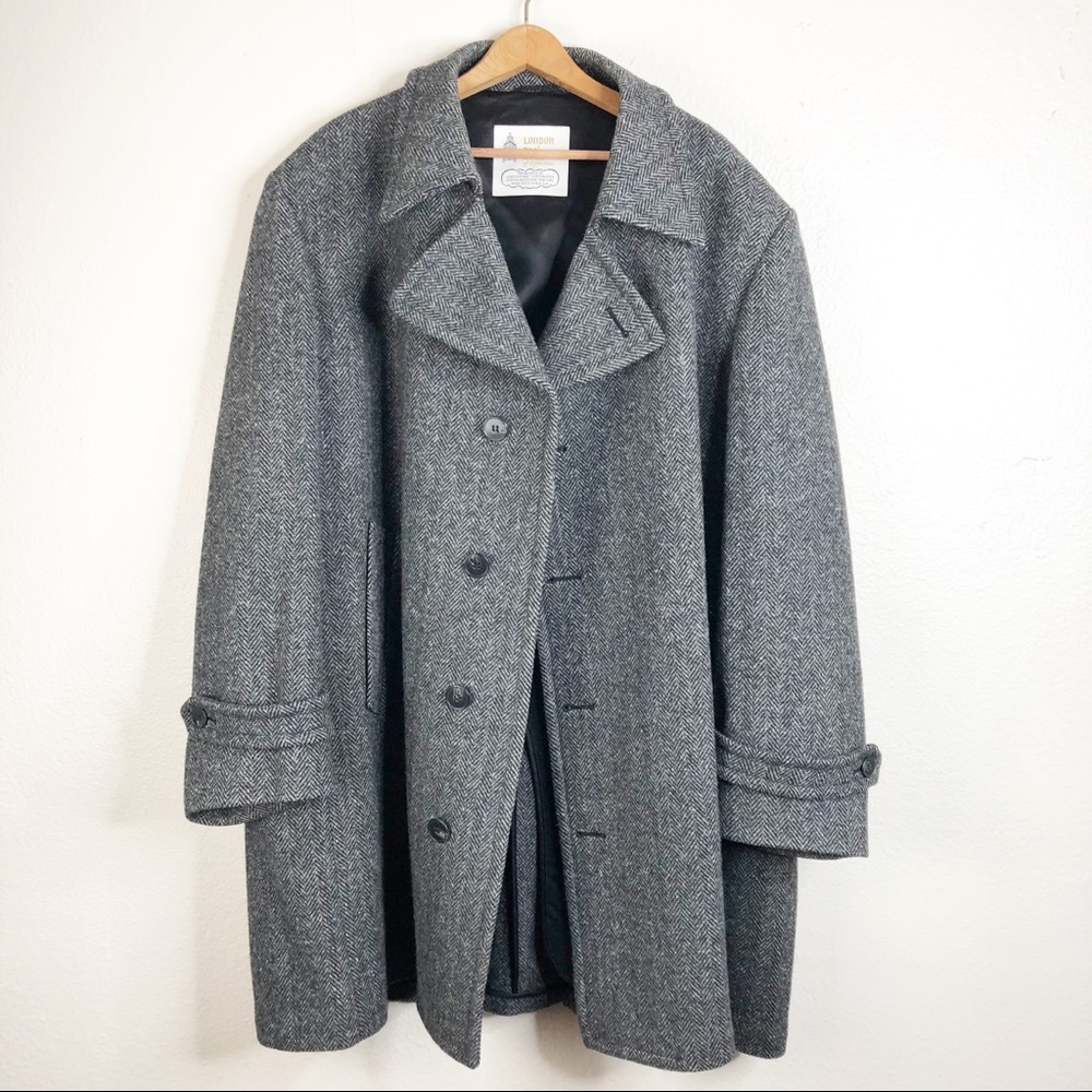 🌿 London Fog Gray Black Chevron Herringbone Coat - Picture 2 of 12